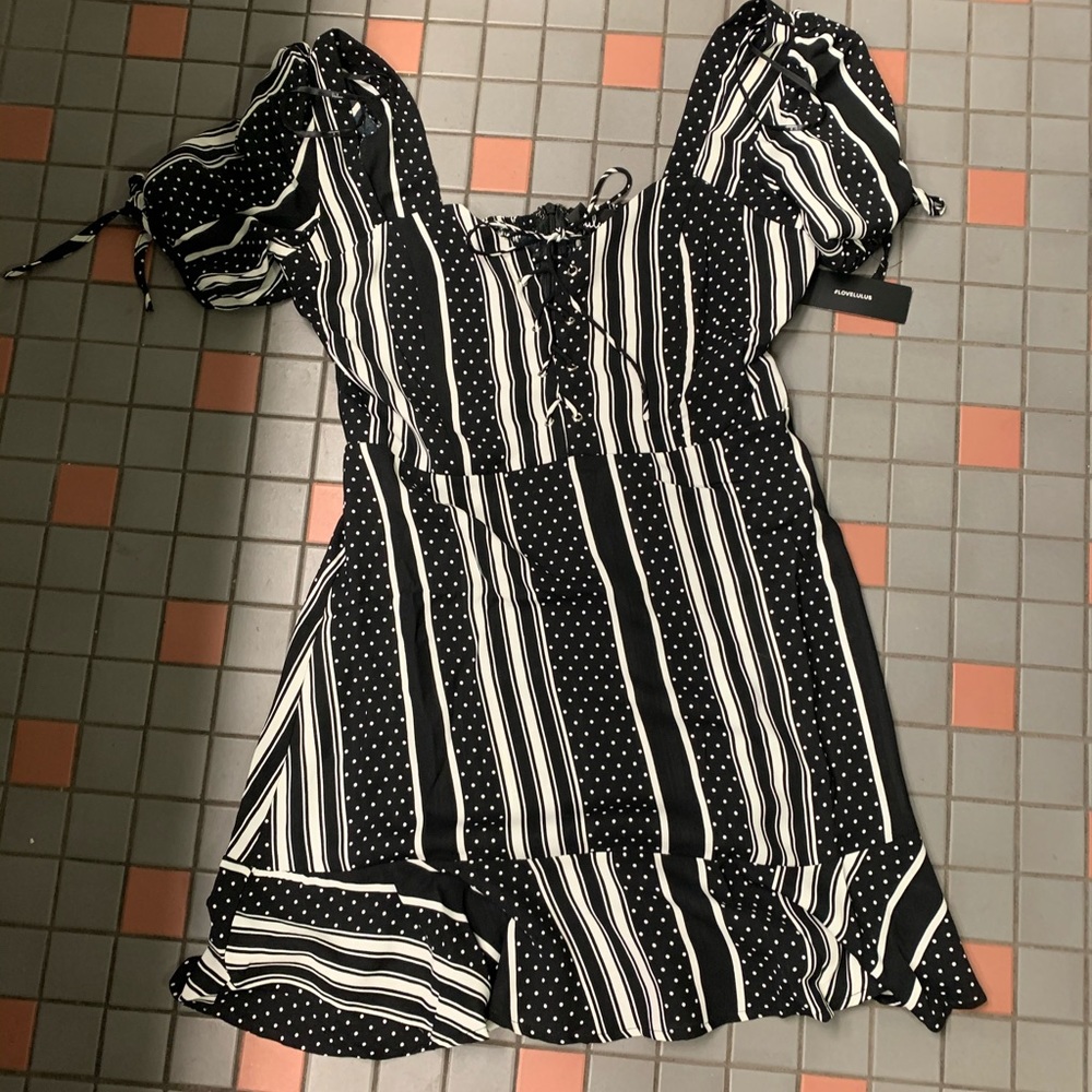 black and white stripped polka dot lace up dress